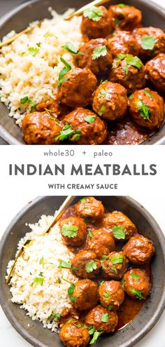 two plates with meatballs and rice on them, one has parsley in it