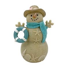 a snowman figurine with a life preserver on it's back