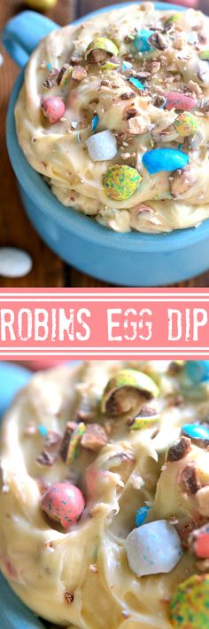 this is an easter egg dip cake with eggs and candy on top, in a blue bowl