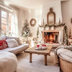 a living room filled with furniture and a fire place in front of a christmas tree