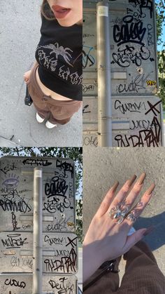 a collage of photos with graffiti on the side of a building and someone holding their hand up