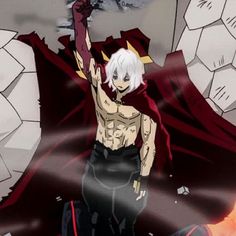 an anime character with white hair and no shirt on holding his arm up in the air