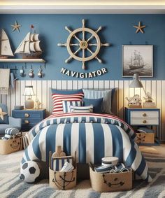 a bedroom decorated in blue and white with nautical decor