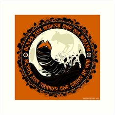 an orange and black poster with a bird on it