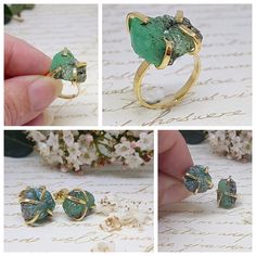 "Rough Emerald Ring, Raw Emerald Ring, Gold Emerald Ring, May Birthstone Ring, Gold Gemstone Ring, Precious Stone Ring, Gold Statement Ring PRODUCT VIDEO ⇒ http://bit.ly/2veeLYR Large raw emerald ring for her! This rustic green emerald ring is stunning set in 22k gold plated brass. A four prong solitaire ring with a skinny handmade band. This rough precious emerald stone is uncut and natural, the prong setting is handmade and shows its true beauty and amazing color of the emerald. My passion for Fine Jewelry Emerald Ring Gift, May Birthstone Crystal Ring For Jewelry Making, Anniversary Emerald Rings With Stones, Raw Stone Ring For Anniversary, Anniversary Raw Stone Ring Jewelry, Unique Emerald Crystal Ring Gift, Unique Emerald Crystal Ring As Gift, Gift Rings With Raw Stone In Open Ring Shape, Unique Emerald Crystal Ring With Gemstone