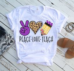 a t - shirt that says peace love teach with leopard print on the front and cheetah design on the back