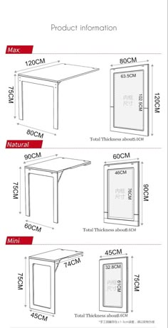 the table is shown in three different sizes and widths, with measurements for each piece