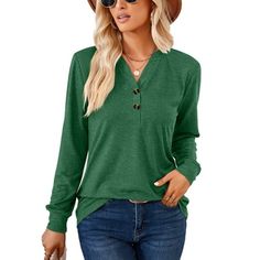 SHIBEVER Long Sleeve Tops for Women V Neck Tshirts Button Loose Fit Casual Tunic Henley Shirts. This women tops use skin-friendly and comfortable fabric allow you wear it all season. V neck casual tops henley shirt is perfect for casual and formal days, women long sleeve tops uses half button down front,button elements, and a perfect streamlined cut. When you put on long sleeve shirts for women, you will be more look thinner and eye-catching. Color Map Our women trendy plain color long sleeve t- Smart Casual Wear, Chic Blouses, Top Shirt Women, Henley Top, Green Blouse, Unique Outfits, Henley Shirts, Sleeves Pattern, Plus Size Casual