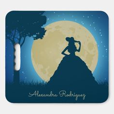 the silhouette of a woman standing on top of a hill in front of a full moon