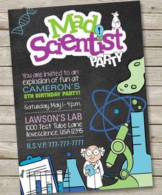 this is an image of a mad scientist birthday party with chalkboard and science theme