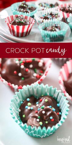 chocolate covered candy cups with sprinkles in them on a white plate and the words crock pot candy