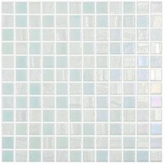 a white and blue mosaic tile wallpaper with small squares on the bottom, in various shades