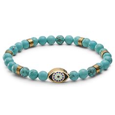 This men’s bead bracelet features the ancient evil eye design set against vibrant turquoise beads. The evil eye symbol is believed to ward off evil, misfortune, and ill will brought about by an envious gaze. Crafted from surgical-grade stainless steel, this iconic motif comes in a striking gold tone that pairs handsomely with the blue enamel colouring. Because enamel is durable and tarnish-resistant, the colours of the eye pendant won’t fade easily. A string of turquoise beads forms the rest of Evil Eye Symbol, Evil Eye Design, Eye Symbol, Natural Turquoise Stone, Turquoise Bead Bracelet, Wide Bracelet, Engraved Bracelet, Eye Pendant, Leather Cuffs Bracelet