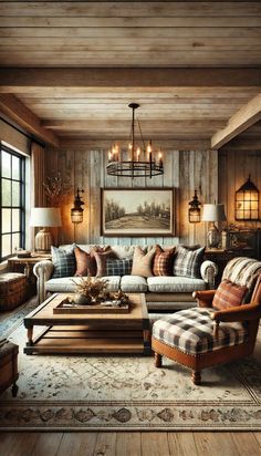 a living room filled with furniture and a chandelier