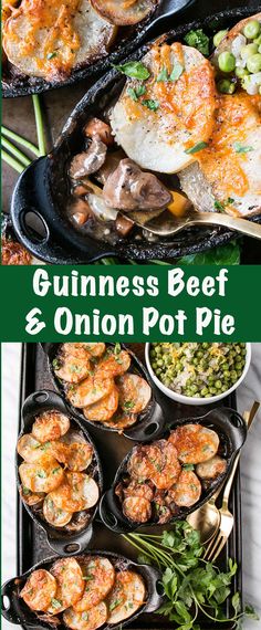 guinness beef and onion pot pie is shown in this collage with text overlay