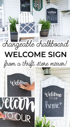 chalkboard welcome sign on the front porch with hand painted lettering and potted plants