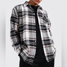 Size. L Black Relaxed Fit Flannel Shirt, Black Relaxed Fit Casual Flannel Shirt, Black Relaxed Fit Flannel Shirt Casual, Black Cotton Flannel Shirt For Spring, Casual Black Flannel Shirt For Spring, White Relaxed Fit Cotton Flannel Shirt, Casual White Cotton Flannel Shirt, Black Casual Flannel Shirt For Everyday, White Casual Flannel Shirt For Spring