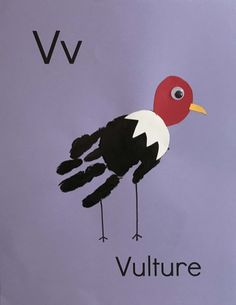 a poster with a bird on it's legs and the letter v in the background