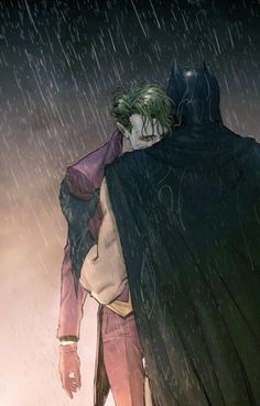 a man in a cape is walking through the rain with his arm around another man's back