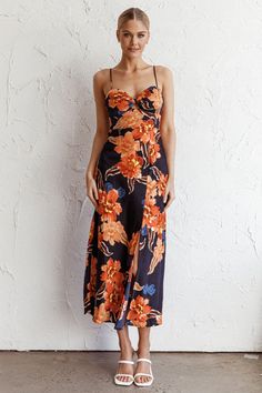 Missoula Cami Strap Padded Bust Midi Dress Flower Orange by Selfie Leslie Orange Floral Print Cocktail Dress, Orange Floral Print Dress With Spaghetti Straps, Orange Floral Spaghetti Strap Dress, Fall Multicolor Floral Print Mini Dress, Flower Print Midi Dress, Anthropologie Velvet Floral Slip Dress, Strappy Mules, Fall Wedding Guest, Fall Wedding Guest Dress