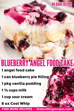 blueberry angel food cake recipe on a white plate