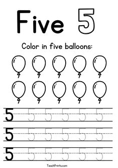 the five balloons worksheet for children to learn how to write and practice numbers