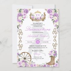 a purple and white floral wedding card with an old fashioned wheel in the middle, on top of a marble surface