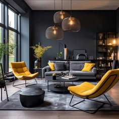 a living room filled with lots of furniture and large windows in the wall behind it