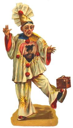 an illustration of a man dressed as a clown holding a briefcase and wearing a hat