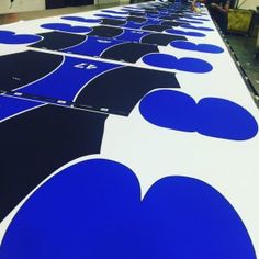 a long table with blue and white designs on it