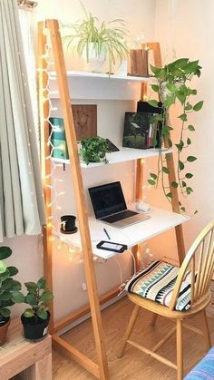 a laptop computer sitting on top of a white desk next to a wooden shelf filled with plants