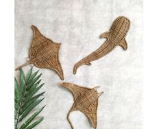 three rattan wall hangings with palm leaves