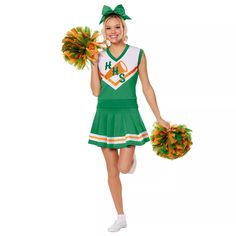 a woman in a cheerleader costume holding two pom poms