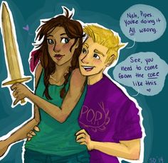 an image of two people hugging with a knife in their hand and speech bubbles above them