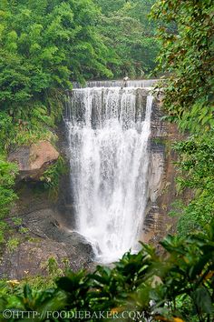 a large waterfall surrounded by lush green trees