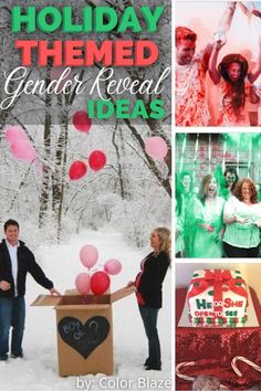 holiday themed gender reveal ideas with photos and text overlays that reads, holiday themed gender reveal ideas by color blaze