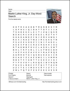 the martin luther king day word search is shown in black and white with an american flag