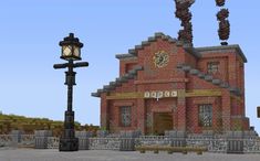 a brick building with a clock on the front and side of it in minecraft