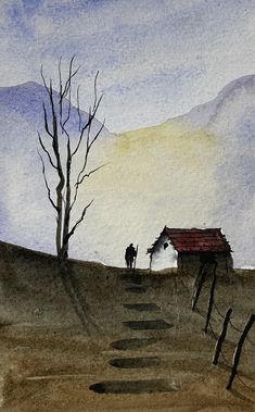 a watercolor painting of two people walking down a dirt road