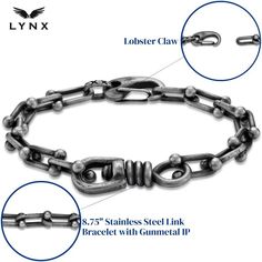 Add an ultra-cool finishing touch to any ensemble with this gunmetal ion plated stainless steel men's LYNX link chain bracelet. Add an ultra-cool finishing touch to any ensemble with this gunmetal ion plated stainless steel men's LYNX link chain bracelet. Length: 8.75 in. Chain type: link Metal: stainless steel Plating: gunmetal ion plated Finish: polished Packaging: boxed Size: 8.5". Color: Black. Gender: male. Age Group: adult. Gunmetal Chain Link Bracelet, Gunmetal Link Chain Bracelet, Gunmetal Link Bracelets, Gunmetal Link Jewelry In Stainless Steel, Gunmetal Stainless Steel Chain Bracelet, Gunmetal Stainless Steel Chain Bracelets, Metal Link Bracelets With Oxidized Finish, Gunmetal Link Chain Bracelets, Gunmetal Stainless Steel Link Bracelet