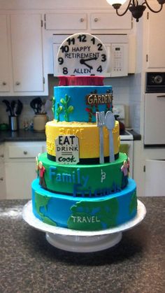 a multi - tiered cake is decorated with words and pictures