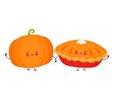 two pumpkin pies with faces drawn on them, one is holding the other's hand