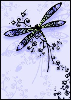 a blue dragonfly sitting on top of a white background with swirls and bubbles