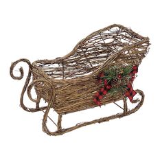 a wooden sleigh decorated with christmas decorations