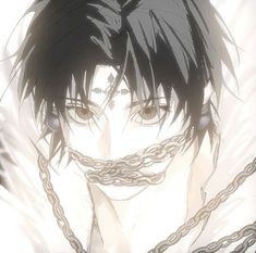 an anime character with black hair and chains around his neck, staring at the camera