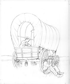 a drawing of a man sitting in a horse drawn carriage