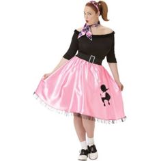 a woman wearing a pink poodle skirt and black top