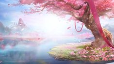 a painting of a tree with pink flowers in the foreground and a boat on the water behind it