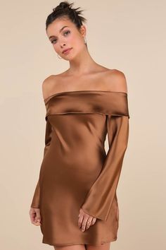 Brown Mini Dress - Satin Mini Dress - Foldover OTS Dress - Lulus Brown Satin Dress, Mini Dress Satin, Peplum Designs, Off The Shoulder Mini Dress, Brown Mini Dress, Off Shoulder Mini Dress, Prom Inspo, Long Sleeve Cocktail Dress, Color Season