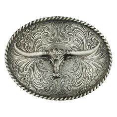 Packed with beautiful decorative detail, the Classic Antiqued Longhorn Attitude Belt Buckle from Montana Silversmiths combines a beautiful look with Western attitude. This cast oval buckle combines a dark antiqued silver finish with a longhorn steer head with horns that curve upwards as they reach either side of the buckle. Intricate filigree engraving fill the buckle around the longhorn head. Twisted rope trim. Standard 1.5" belt swivel.Manufacturer style #: 61028.   Great-looking belt buckle w Antique Belt Buckle, Longhorn Steer, Steer Head, Cowgirl Belts, Cowgirl Bling, Western Buckles, Western Belt Buckles, Silver Belts, Western Belts